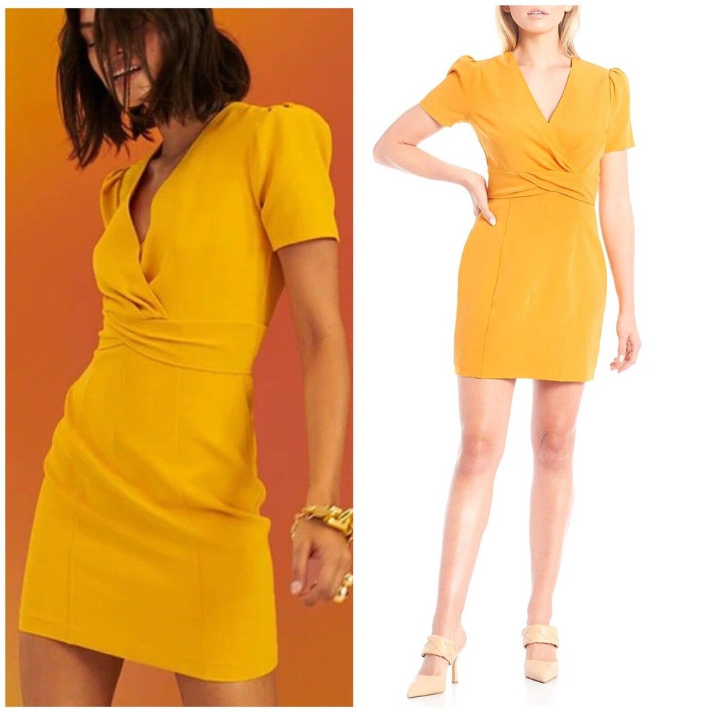LDT Gianna Twist Front Surplice V-Neck Yellow Sheath Mini Dress Sz 8 NWT $189